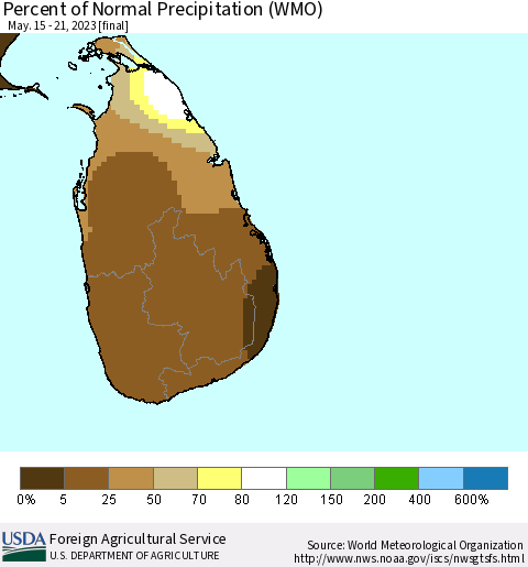 Sri Lanka Percent of Normal Precipitation (WMO) Thematic Map For 5/15/2023 - 5/21/2023