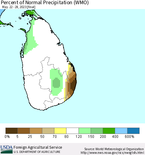 Sri Lanka Percent of Normal Precipitation (WMO) Thematic Map For 5/22/2023 - 5/28/2023