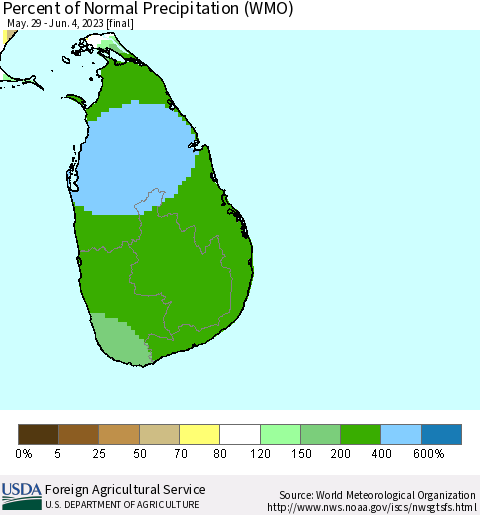 Sri Lanka Percent of Normal Precipitation (WMO) Thematic Map For 5/29/2023 - 6/4/2023
