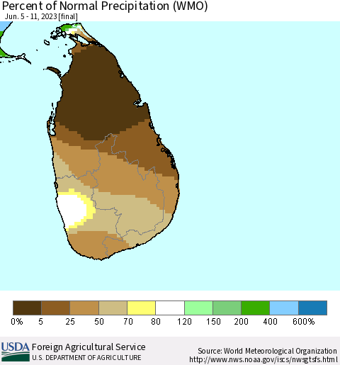 Sri Lanka Percent of Normal Precipitation (WMO) Thematic Map For 6/5/2023 - 6/11/2023