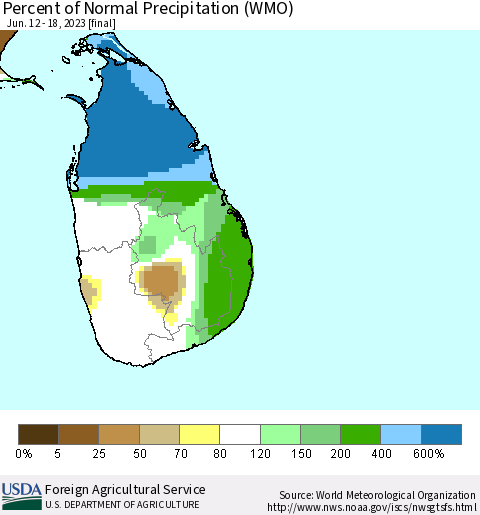 Sri Lanka Percent of Normal Precipitation (WMO) Thematic Map For 6/12/2023 - 6/18/2023
