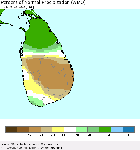 Sri Lanka Percent of Normal Precipitation (WMO) Thematic Map For 6/19/2023 - 6/25/2023