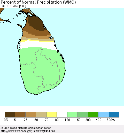 Sri Lanka Percent of Normal Precipitation (WMO) Thematic Map For 7/3/2023 - 7/9/2023