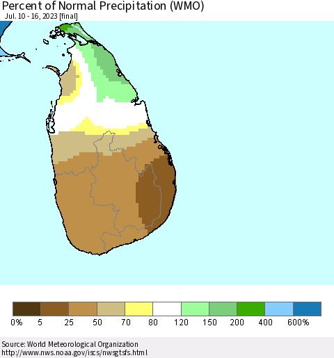 Sri Lanka Percent of Normal Precipitation (WMO) Thematic Map For 7/10/2023 - 7/16/2023