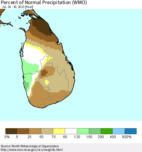 Sri Lanka Percent of Normal Precipitation (WMO) Thematic Map For 7/24/2023 - 7/30/2023