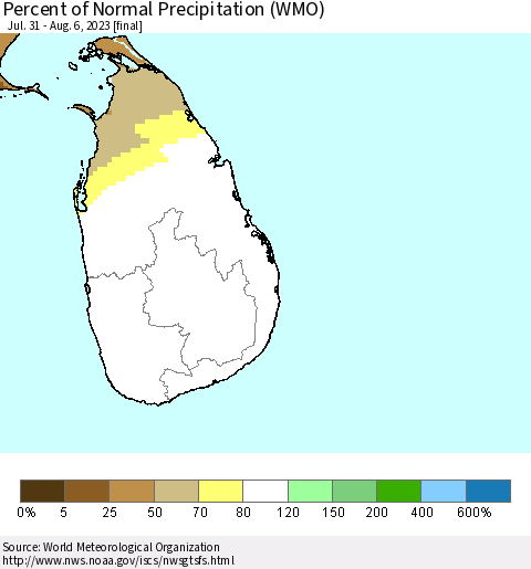 Sri Lanka Percent of Normal Precipitation (WMO) Thematic Map For 7/31/2023 - 8/6/2023