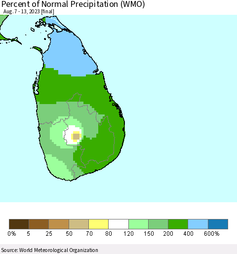 Sri Lanka Percent of Normal Precipitation (WMO) Thematic Map For 8/7/2023 - 8/13/2023