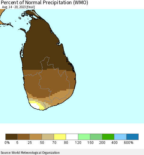 Sri Lanka Percent of Normal Precipitation (WMO) Thematic Map For 8/14/2023 - 8/20/2023