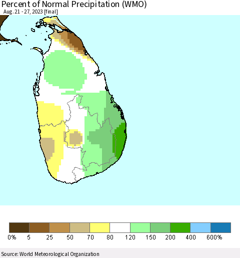 Sri Lanka Percent of Normal Precipitation (WMO) Thematic Map For 8/21/2023 - 8/27/2023