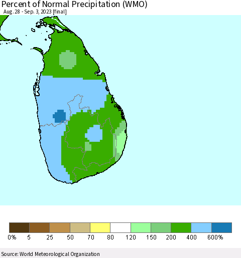 Sri Lanka Percent of Normal Precipitation (WMO) Thematic Map For 8/28/2023 - 9/3/2023