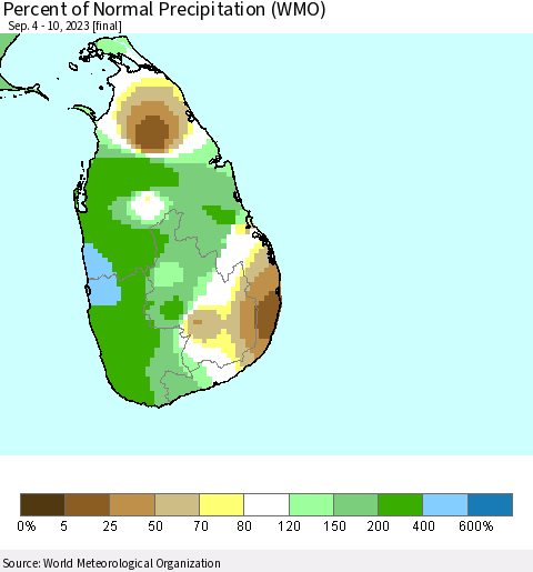 Sri Lanka Percent of Normal Precipitation (WMO) Thematic Map For 9/4/2023 - 9/10/2023