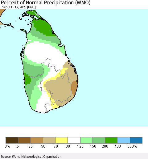 Sri Lanka Percent of Normal Precipitation (WMO) Thematic Map For 9/11/2023 - 9/17/2023