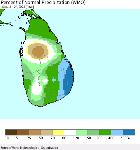 Sri Lanka Percent of Normal Precipitation (WMO) Thematic Map For 9/18/2023 - 9/24/2023