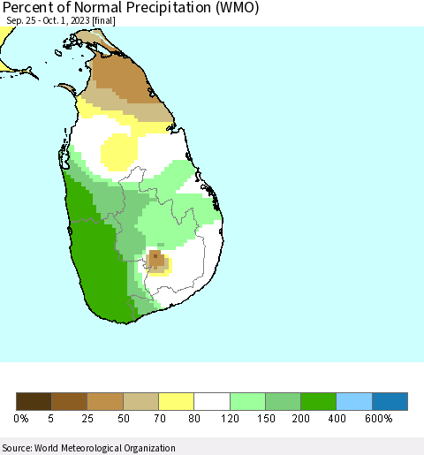 Sri Lanka Percent of Normal Precipitation (WMO) Thematic Map For 9/25/2023 - 10/1/2023