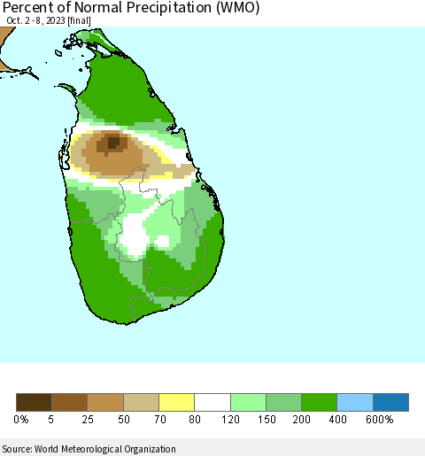 Sri Lanka Percent of Normal Precipitation (WMO) Thematic Map For 10/2/2023 - 10/8/2023