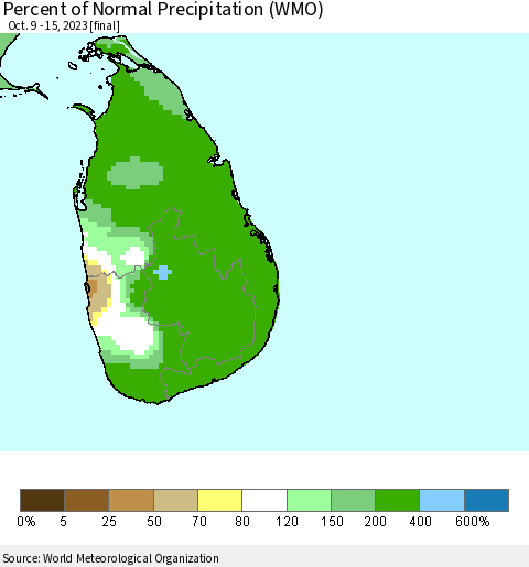 Sri Lanka Percent of Normal Precipitation (WMO) Thematic Map For 10/9/2023 - 10/15/2023