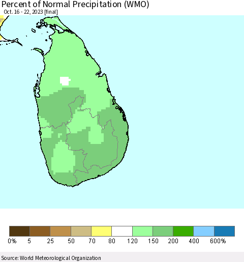 Sri Lanka Percent of Normal Precipitation (WMO) Thematic Map For 10/16/2023 - 10/22/2023