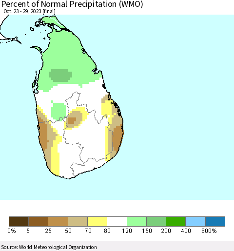 Sri Lanka Percent of Normal Precipitation (WMO) Thematic Map For 10/23/2023 - 10/29/2023