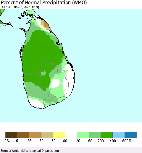 Sri Lanka Percent of Normal Precipitation (WMO) Thematic Map For 10/30/2023 - 11/5/2023