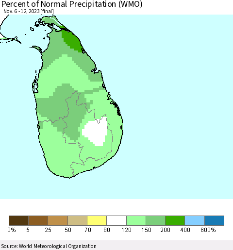 Sri Lanka Percent of Normal Precipitation (WMO) Thematic Map For 11/6/2023 - 11/12/2023
