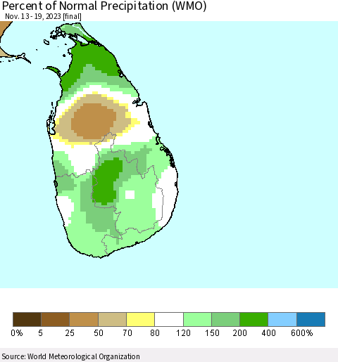 Sri Lanka Percent of Normal Precipitation (WMO) Thematic Map For 11/13/2023 - 11/19/2023