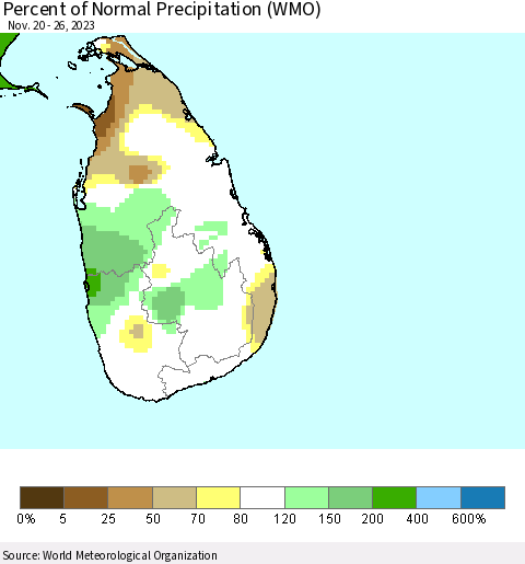 Sri Lanka Percent of Normal Precipitation (WMO) Thematic Map For 11/20/2023 - 11/26/2023