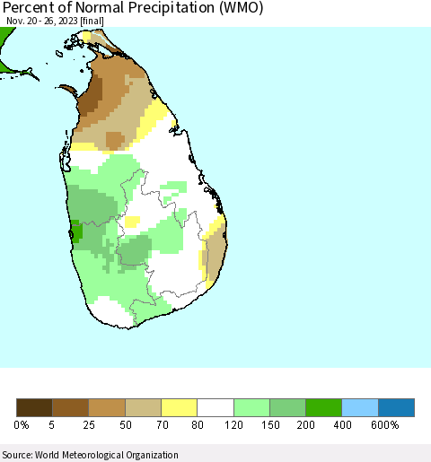 Sri Lanka Percent of Normal Precipitation (WMO) Thematic Map For 11/20/2023 - 11/26/2023