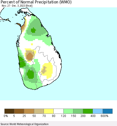 Sri Lanka Percent of Normal Precipitation (WMO) Thematic Map For 11/27/2023 - 12/3/2023