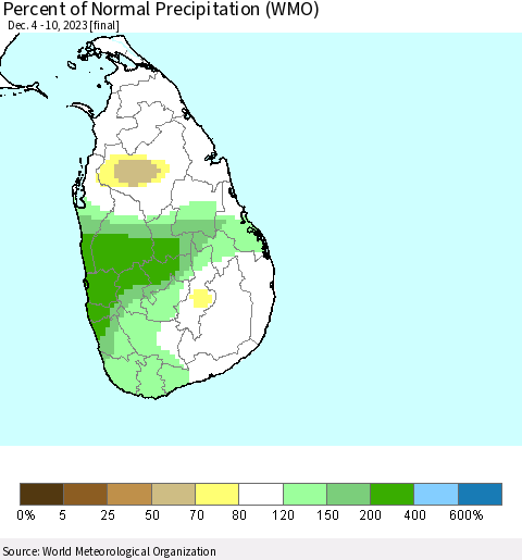 Sri Lanka Percent of Normal Precipitation (WMO) Thematic Map For 12/4/2023 - 12/10/2023