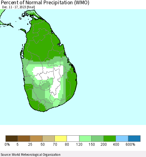 Sri Lanka Percent of Normal Precipitation (WMO) Thematic Map For 12/11/2023 - 12/17/2023