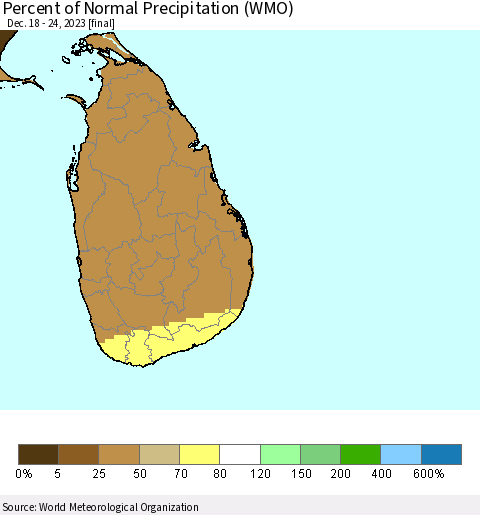 Sri Lanka Percent of Normal Precipitation (WMO) Thematic Map For 12/18/2023 - 12/24/2023
