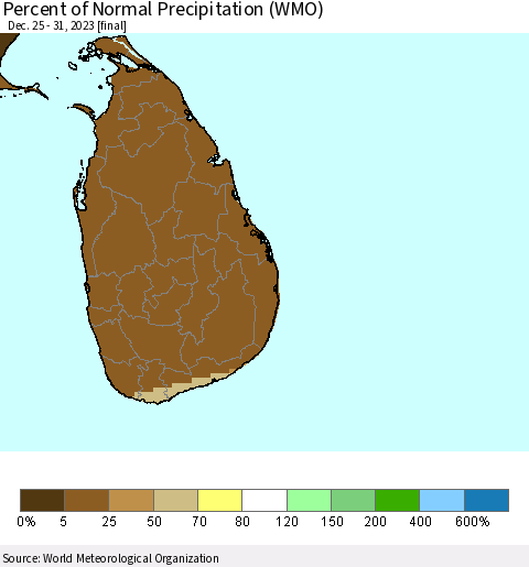Sri Lanka Percent of Normal Precipitation (WMO) Thematic Map For 12/25/2023 - 12/31/2023