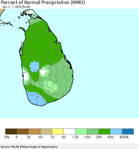 Sri Lanka Percent of Normal Precipitation (WMO) Thematic Map For 1/1/2024 - 1/7/2024