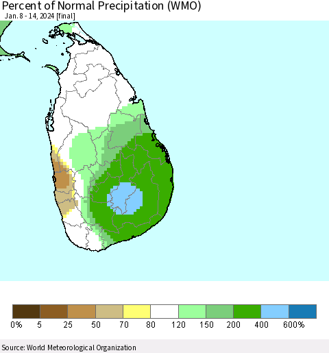 Sri Lanka Percent of Normal Precipitation (WMO) Thematic Map For 1/8/2024 - 1/14/2024