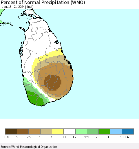 Sri Lanka Percent of Normal Precipitation (WMO) Thematic Map For 1/15/2024 - 1/21/2024
