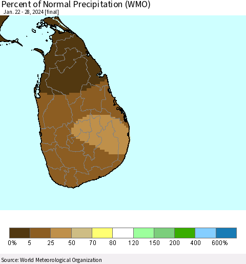 Sri Lanka Percent of Normal Precipitation (WMO) Thematic Map For 1/22/2024 - 1/28/2024