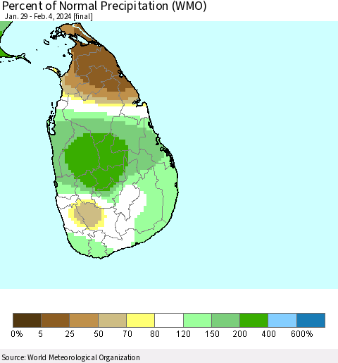 Sri Lanka Percent of Normal Precipitation (WMO) Thematic Map For 1/29/2024 - 2/4/2024