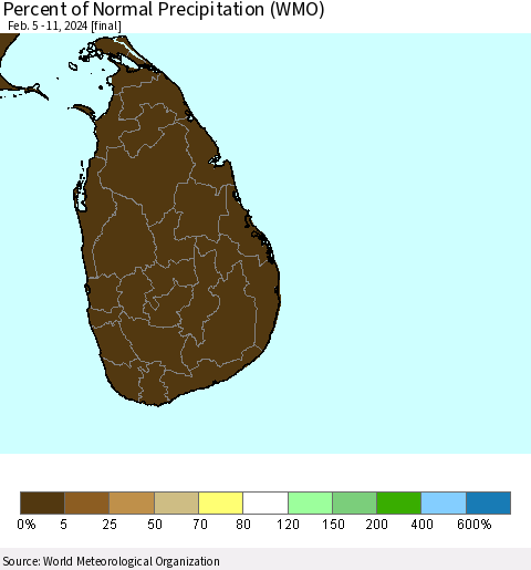 Sri Lanka Percent of Normal Precipitation (WMO) Thematic Map For 2/5/2024 - 2/11/2024