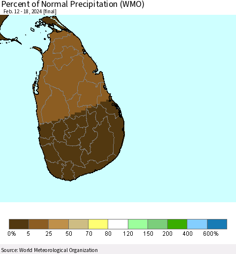 Sri Lanka Percent of Normal Precipitation (WMO) Thematic Map For 2/12/2024 - 2/18/2024