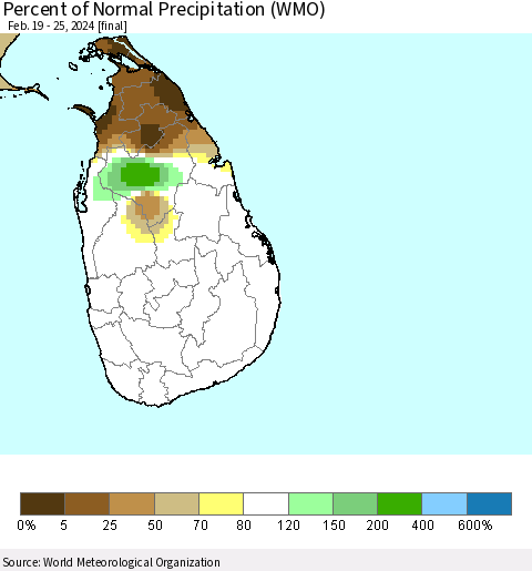 Sri Lanka Percent of Normal Precipitation (WMO) Thematic Map For 2/19/2024 - 2/25/2024