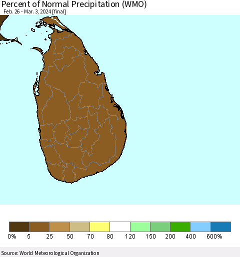 Sri Lanka Percent of Normal Precipitation (WMO) Thematic Map For 2/26/2024 - 3/3/2024