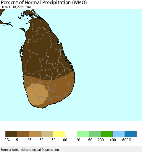 Sri Lanka Percent of Normal Precipitation (WMO) Thematic Map For 3/4/2024 - 3/10/2024