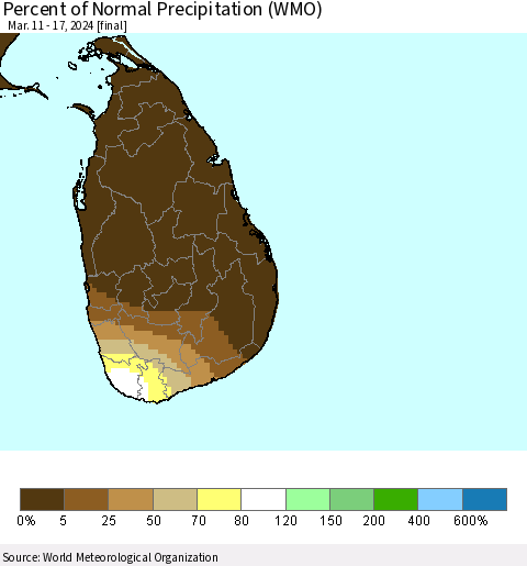 Sri Lanka Percent of Normal Precipitation (WMO) Thematic Map For 3/11/2024 - 3/17/2024