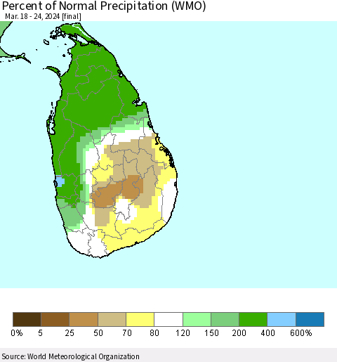 Sri Lanka Percent of Normal Precipitation (WMO) Thematic Map For 3/18/2024 - 3/24/2024