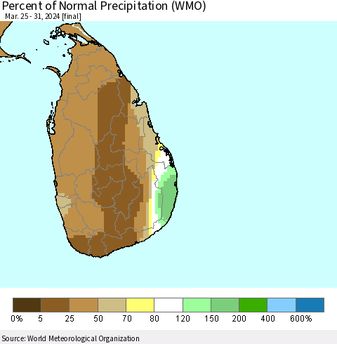 Sri Lanka Percent of Normal Precipitation (WMO) Thematic Map For 3/25/2024 - 3/31/2024