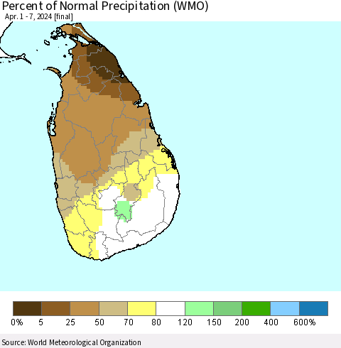 Sri Lanka Percent of Normal Precipitation (WMO) Thematic Map For 4/1/2024 - 4/7/2024