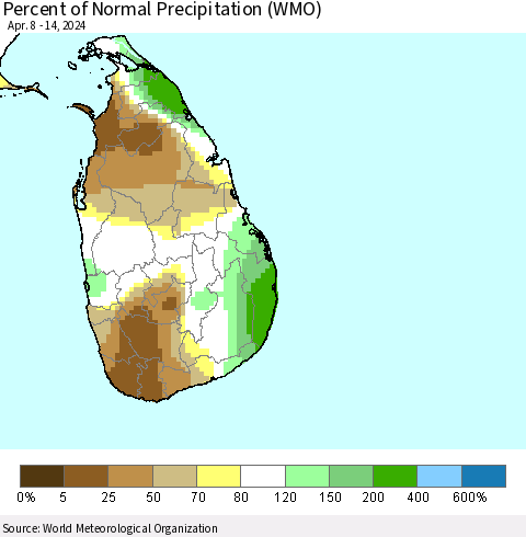 Sri Lanka Percent of Normal Precipitation (WMO) Thematic Map For 4/8/2024 - 4/14/2024