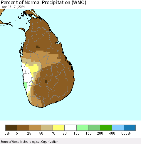 Sri Lanka Percent of Normal Precipitation (WMO) Thematic Map For 4/15/2024 - 4/21/2024
