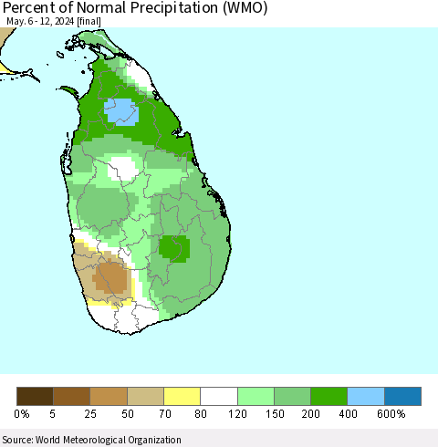 Sri Lanka Percent of Normal Precipitation (WMO) Thematic Map For 5/6/2024 - 5/12/2024
