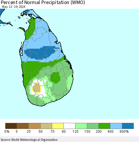 Sri Lanka Percent of Normal Precipitation (WMO) Thematic Map For 5/13/2024 - 5/19/2024
